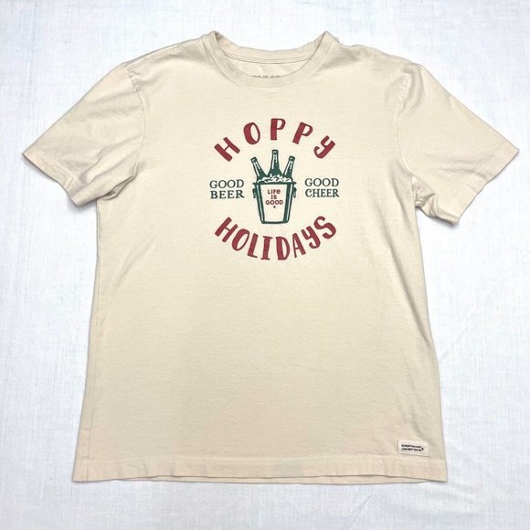 Men's Life Is Good Crusher Hoppy Holidays Beige T‎ Shirt Size Medium - Picture 1 of 5